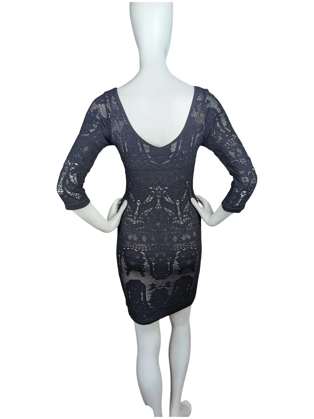 Vintage Y2K bebe Made USA Black Lace Nude Lined Bodycon Bombshell Dress M/L - Picture 7 of 9